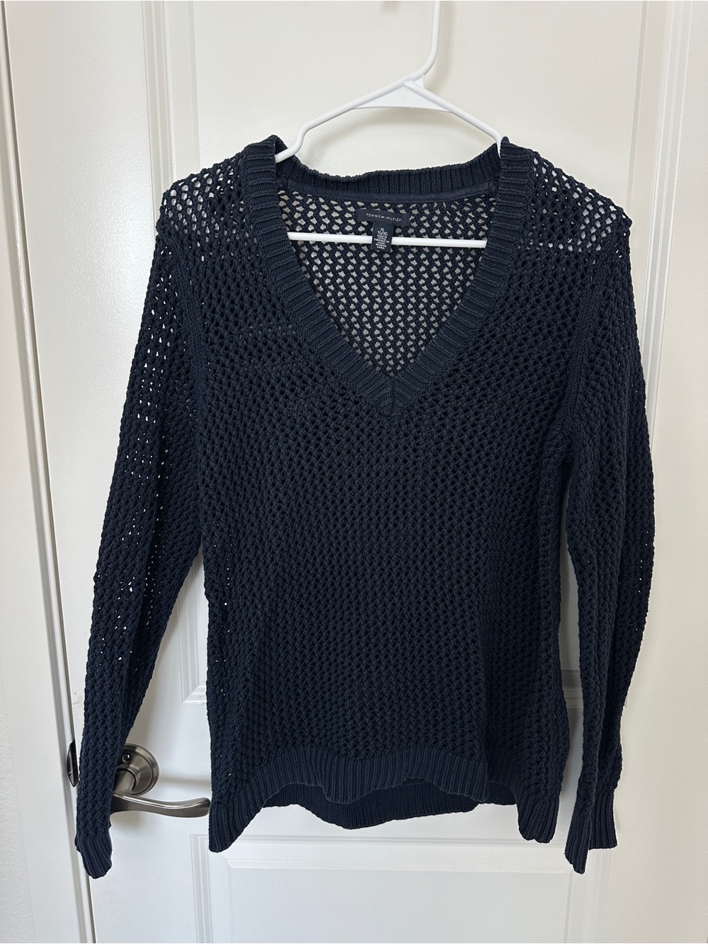 Tommy Hilfiger Sweater Womens XL Navy Open Knit Mesh V Neck Cotton